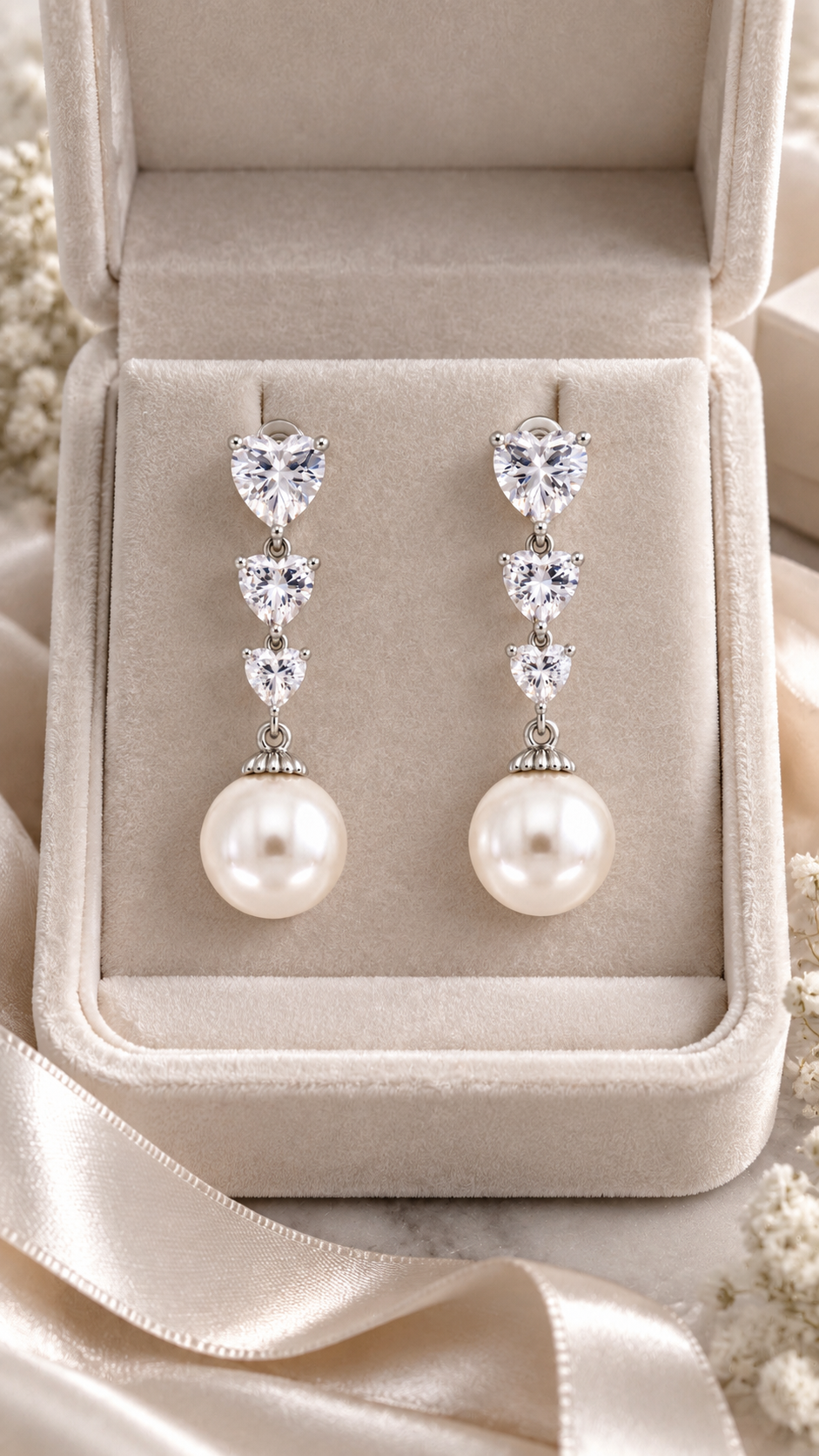 Triple Heart Pearl Drop Earrings