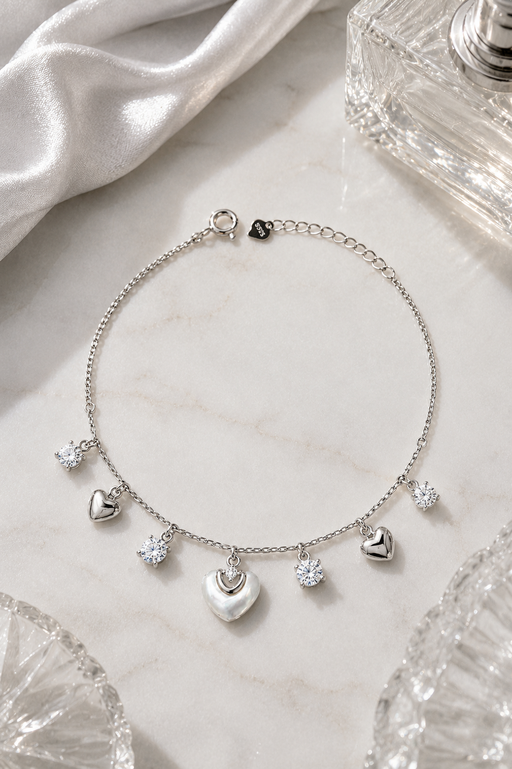 Pearl Heart Dangle Charm Bracelet