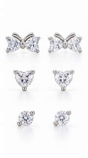Bow, Heart & Round Solitaire Stud Earrings Set - Aaryahi Silver jewellery product photo
