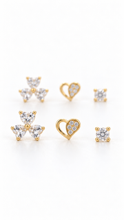 Three Heart Open Heart Solitaire Stud Earrings Set - Aaryahi Silver jewellery product photo