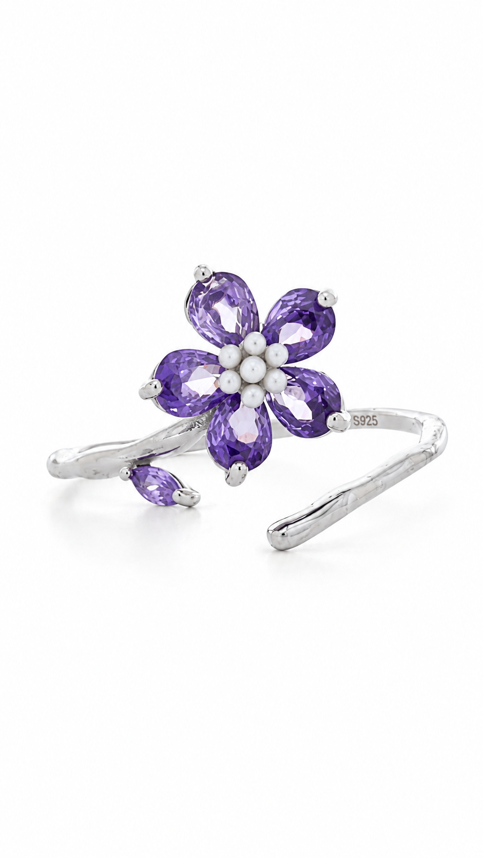 Pink Floral Pear-Cut Adjustable Open Ring