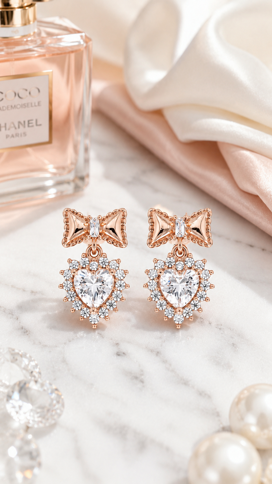 Rose Gold Bow Heart Halo CZ Drop Stud Earrings