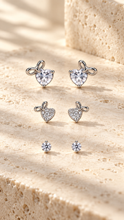 Bow Heart & Solitaire Stud Earrings Set - Aaryahi Silver jewellery product photo