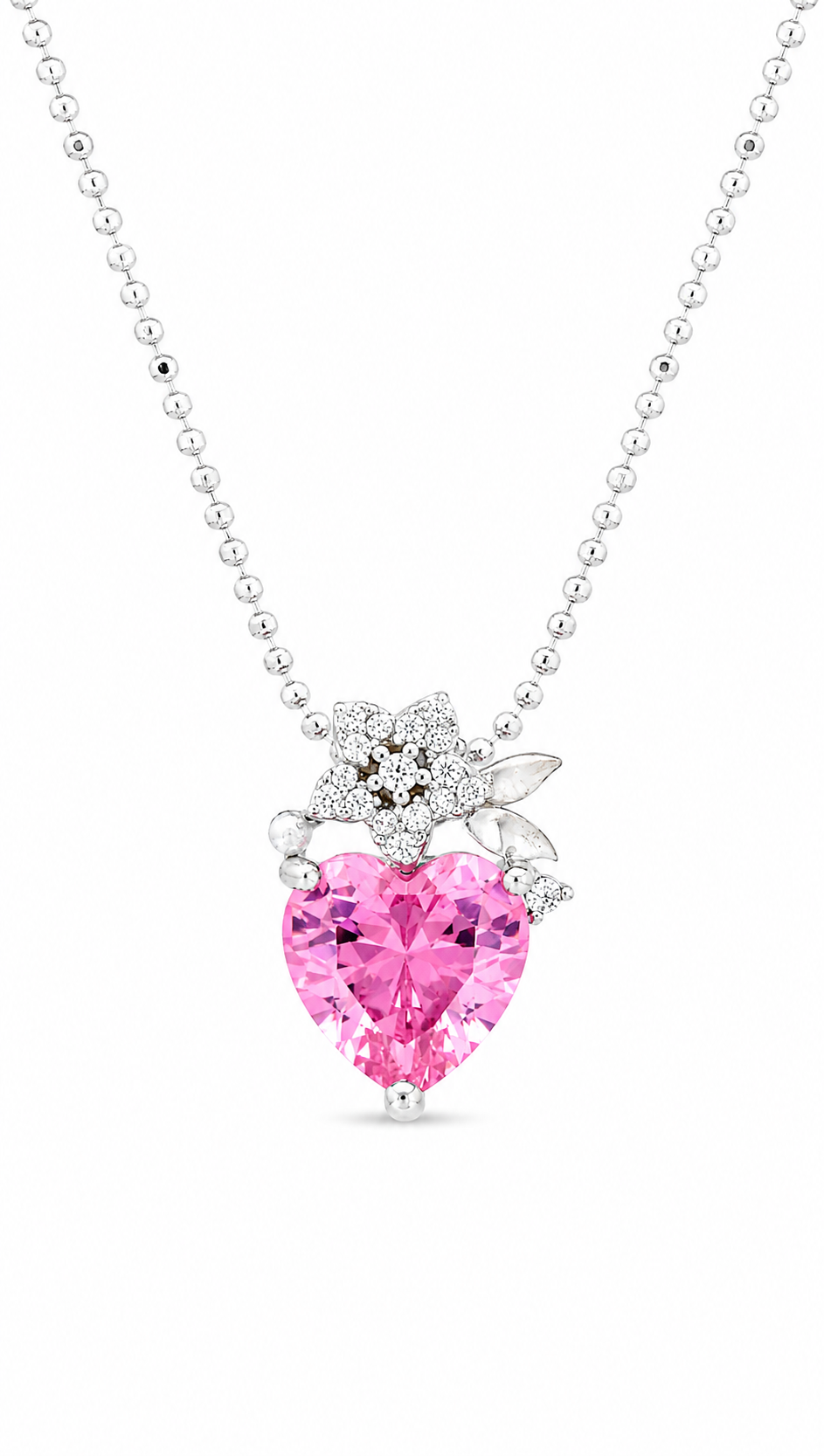 Elegant Silver Pink Heart Floral Pendant Necklace