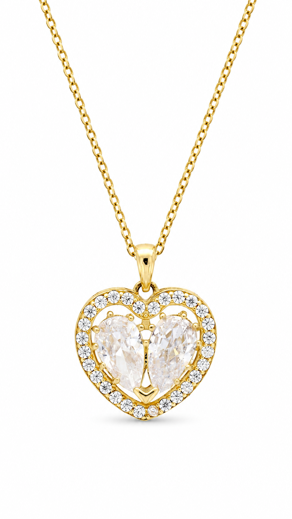 Elegant Gold Twin Heart Halo CZ Pendant Necklace