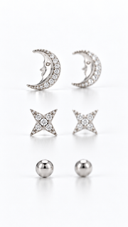 Crescent Moon, Four Point Star Ball Earrings Set – 3 Pairs - Aaryahi Silver jewellery product photo