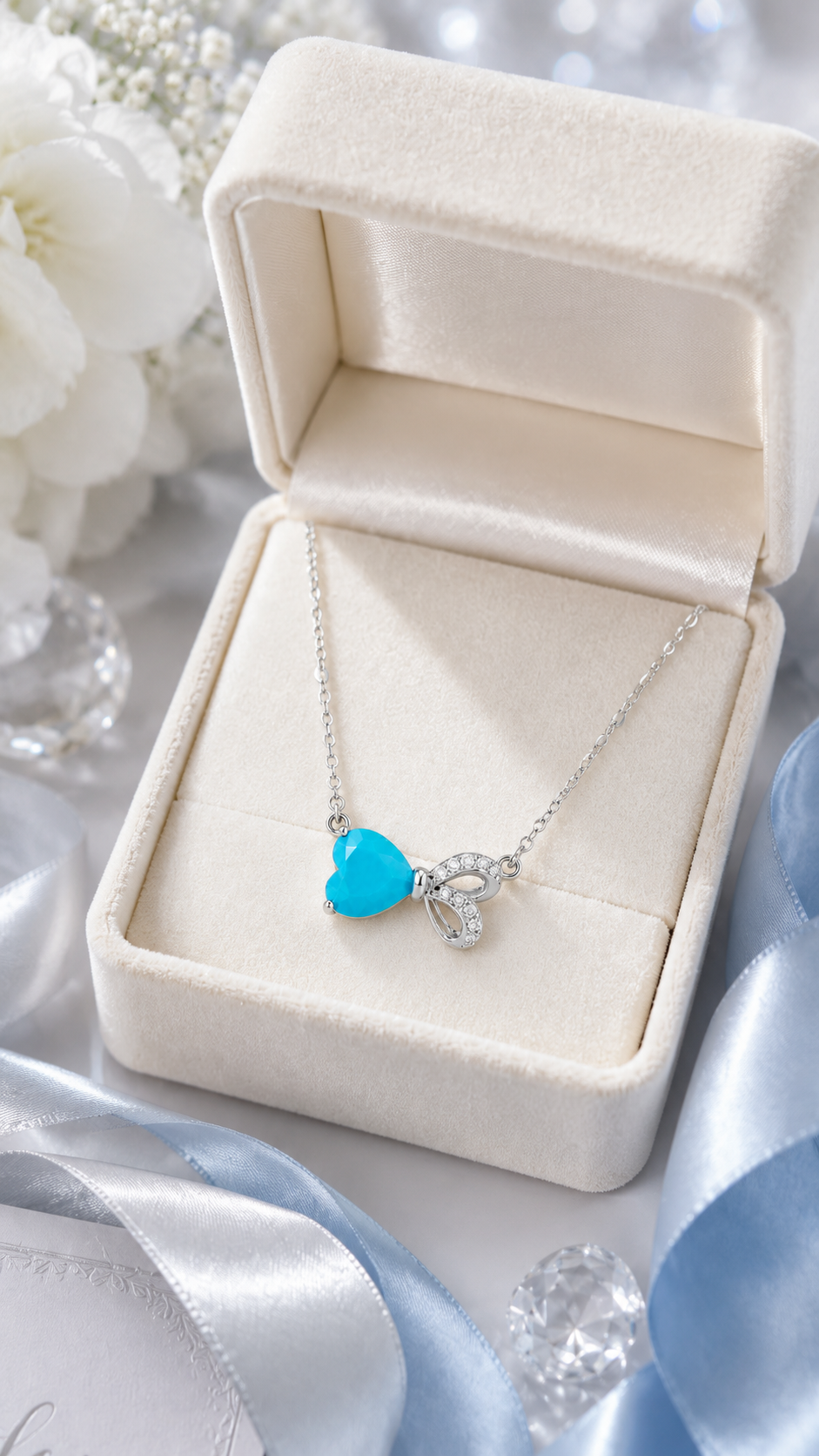 Elegant Silver Blue Heart Bow Pendant Necklace