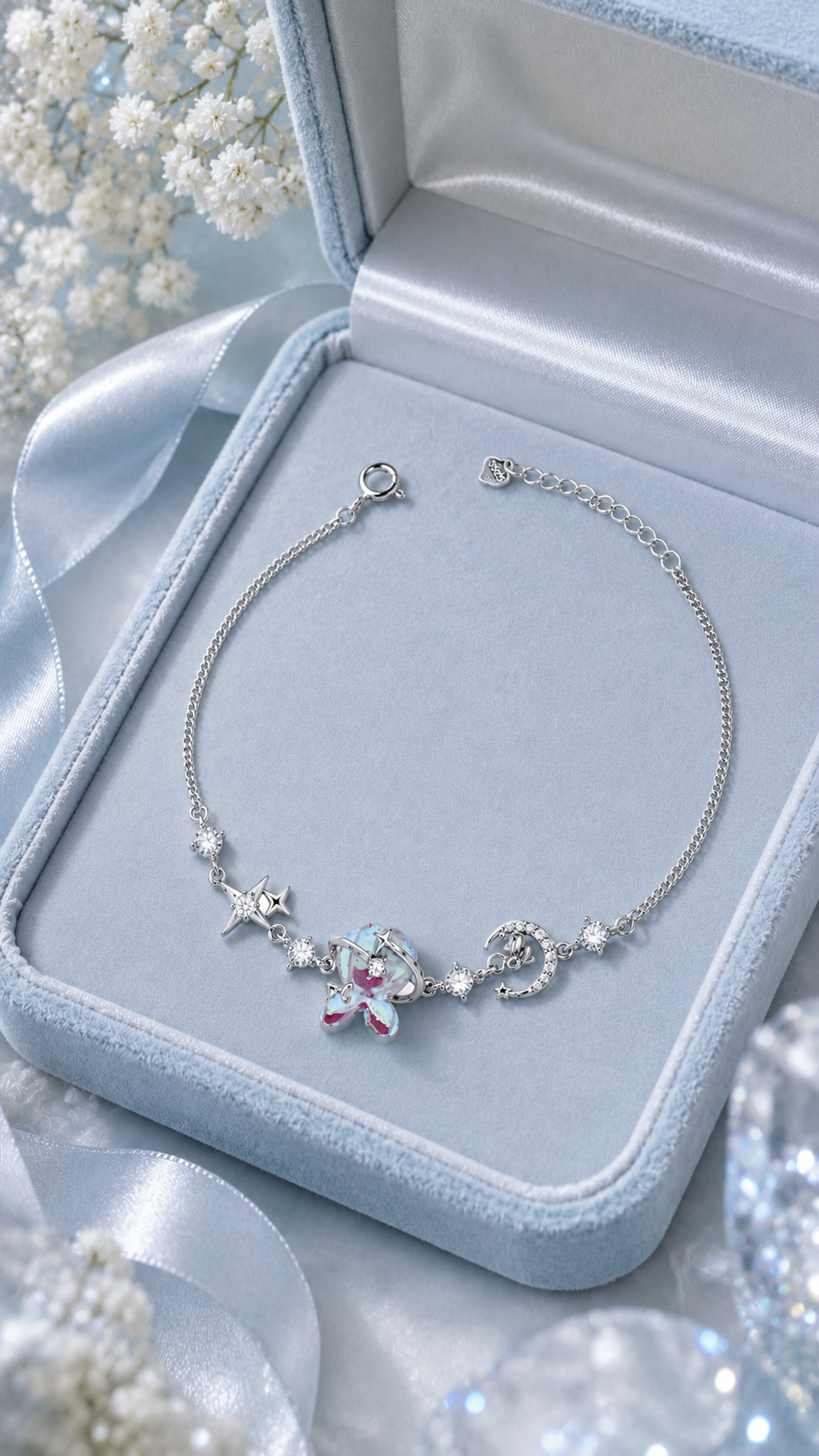 Silver Celestial Butterfly Moon & Star CZ Charm Bracelet