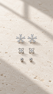 Flower, Clover & Ball Stud Earrings Set - Aaryahi Silver jewellery product photo