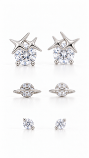 Star Heart, Saturn Planet Solitaire Stud Earrings Set - Aaryahi Silver jewellery product photo