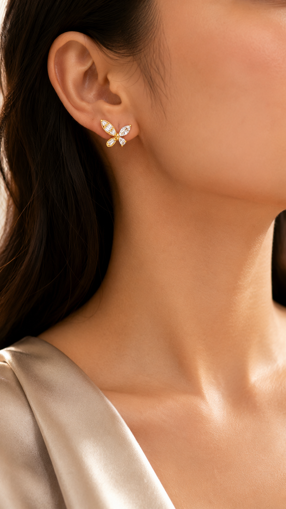 Gold Butterfly Marquise & Baguette CZ Stud Earrings