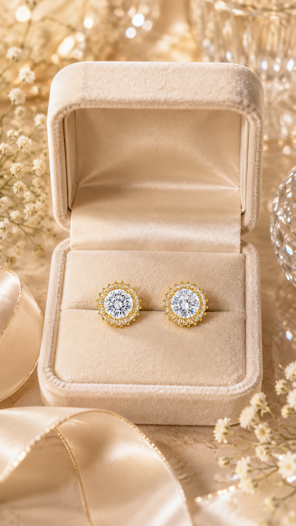 Gold Round CZ Baguette Halo Stud Earrings for Women