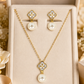 Elegant Gold Mother of Pearl Clover Pearl Drop Pendant Necklace & Earrings Jewelry Set