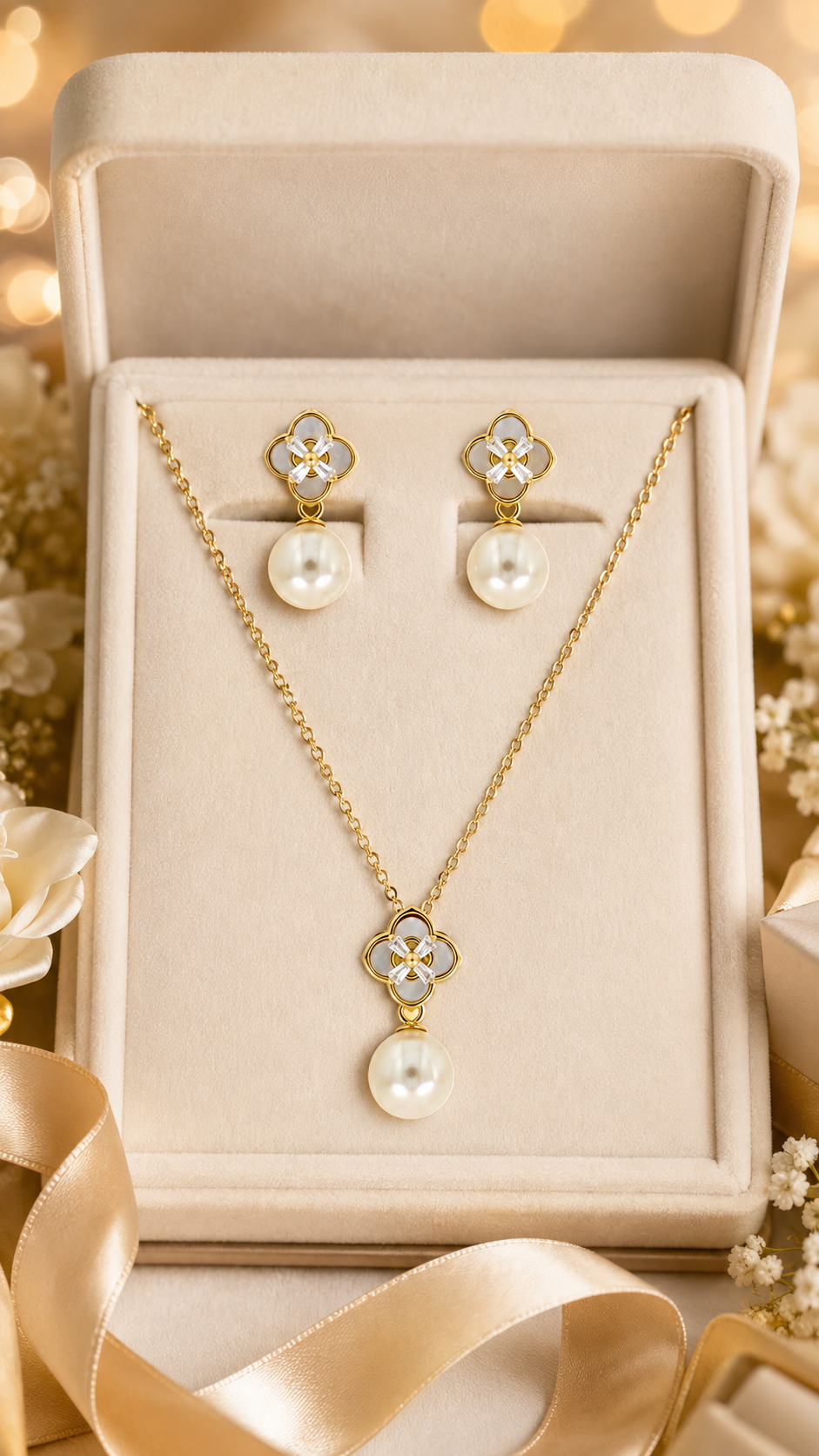 Elegant Gold Mother of Pearl Clover Pearl Drop Pendant Necklace & Earrings Jewelry Set