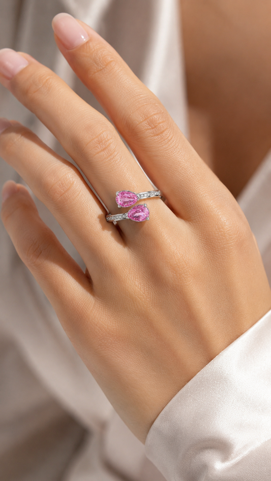 Double Pink Pear-Cut Adjustable Open Ring
