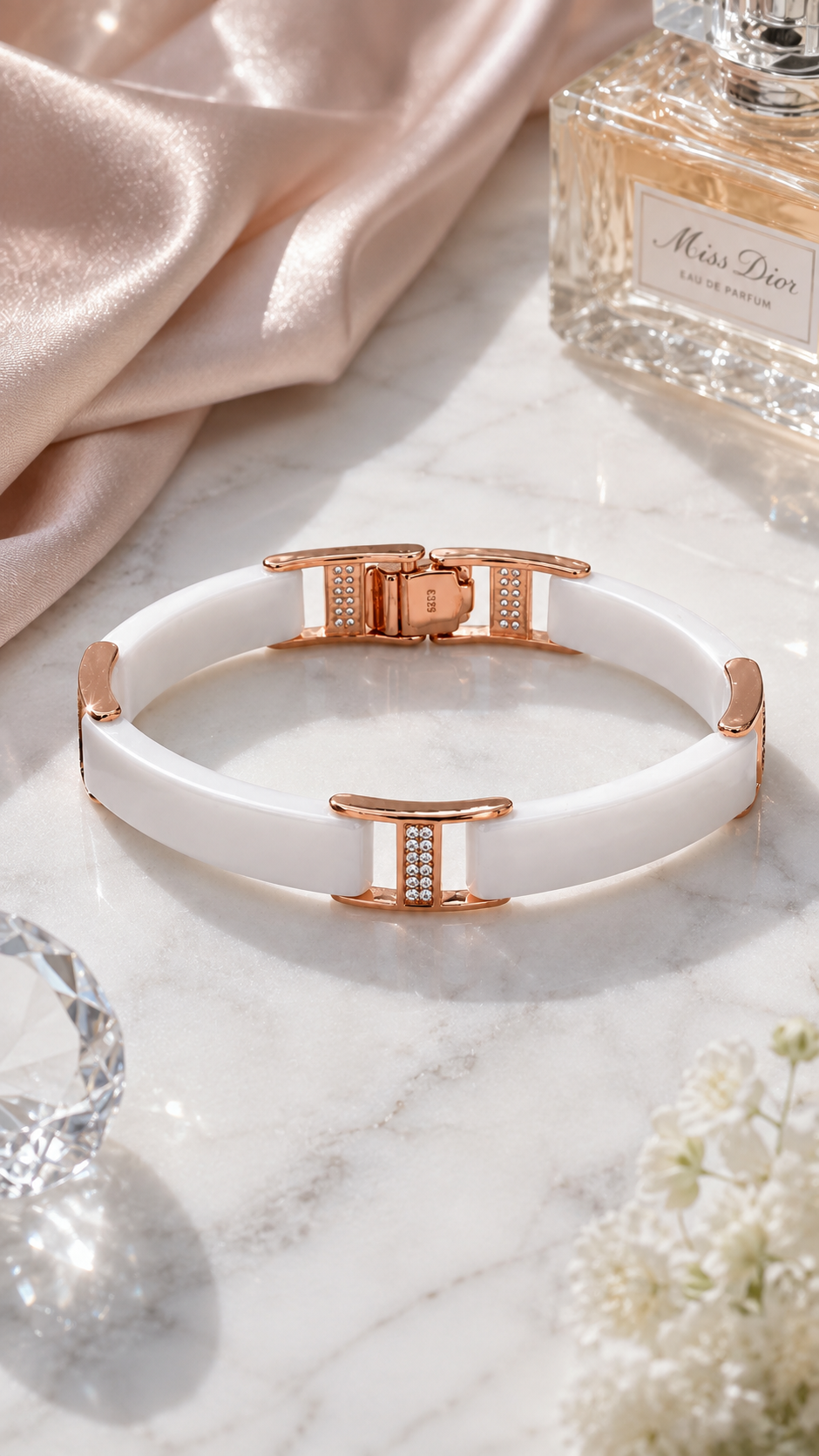 Rose Gold & White Ceramic CZ Bangle Bracelet