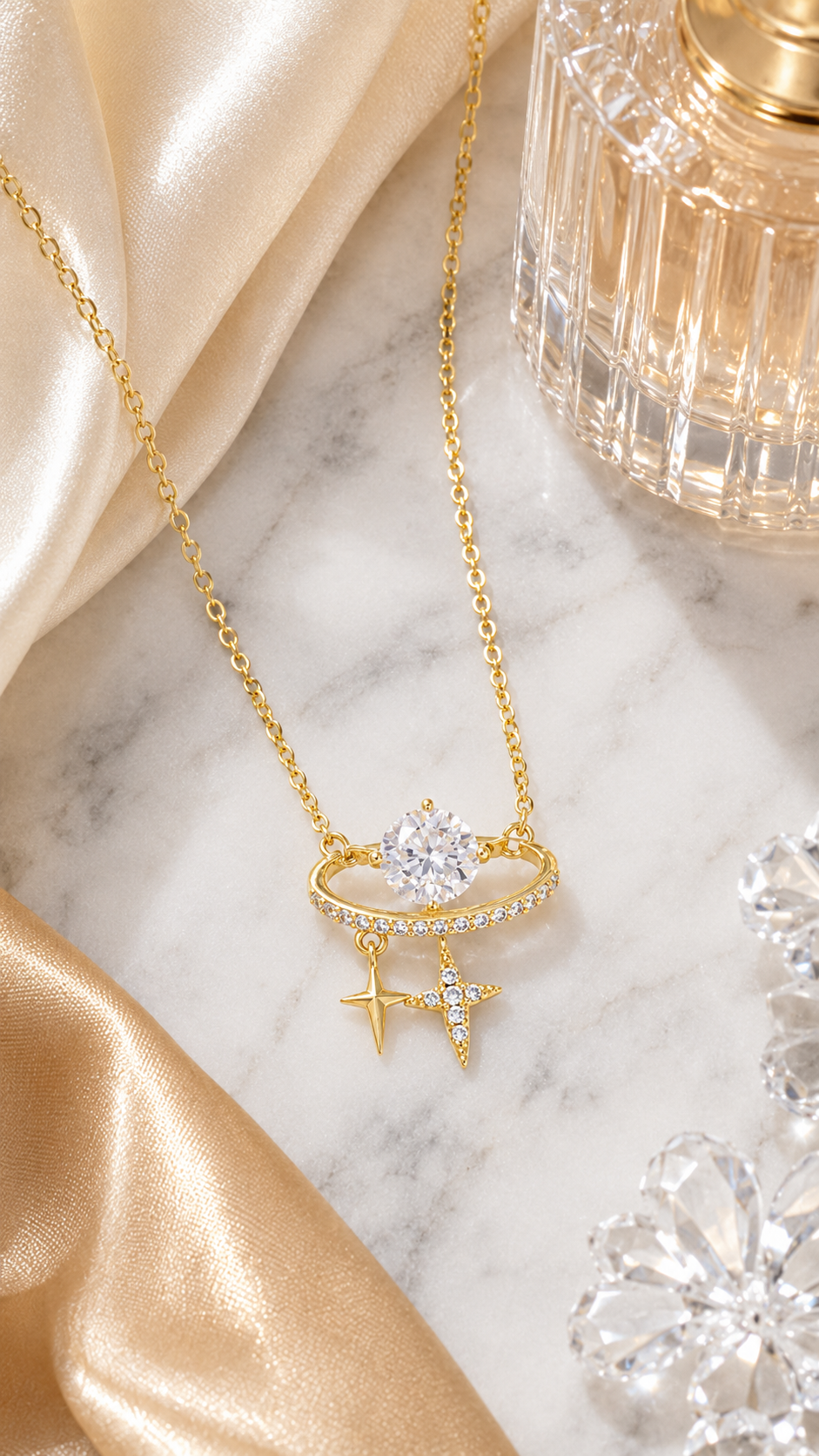 Celestial Planet CZ & Twin Star Gold Pendant Necklace