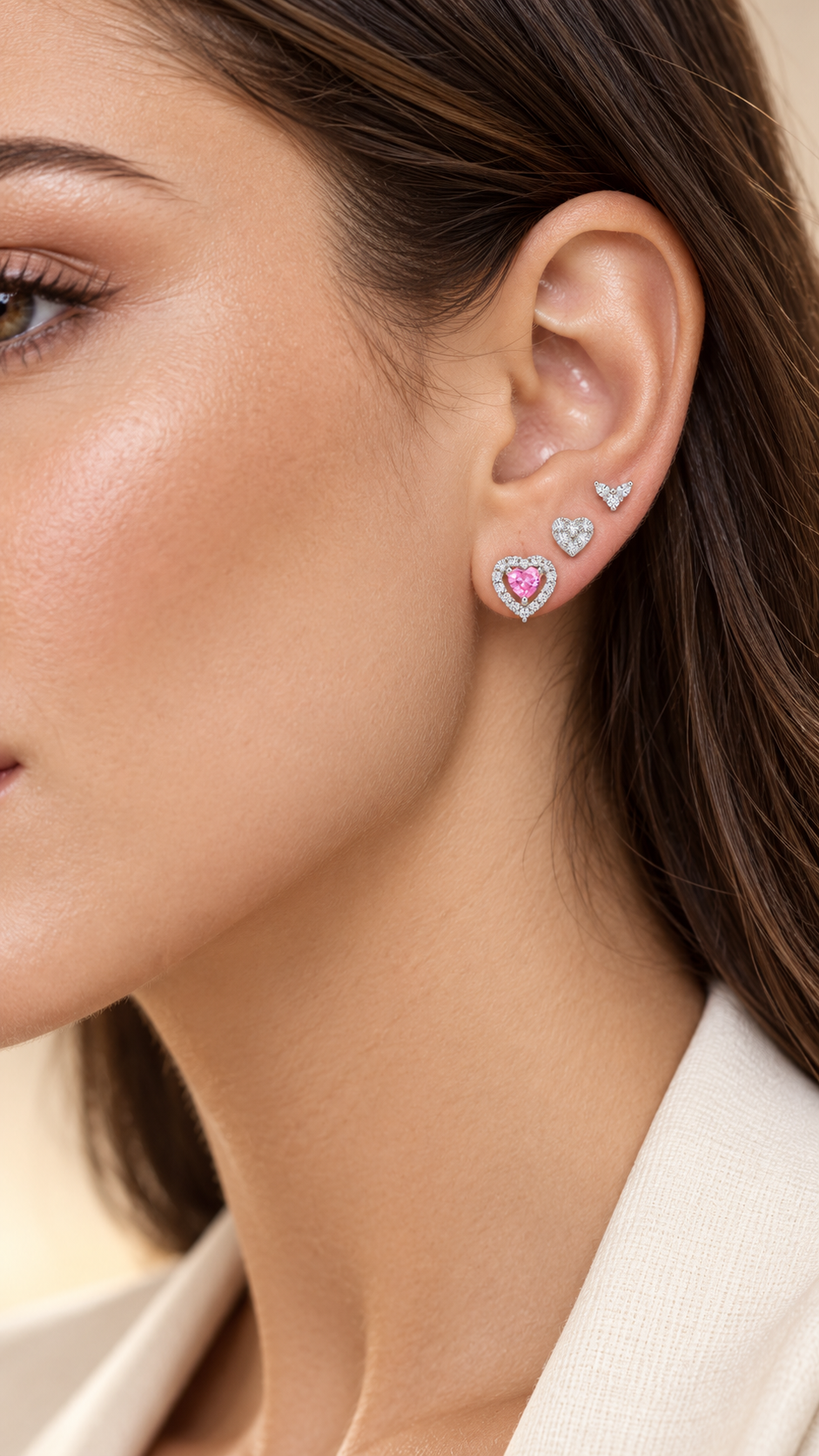 Pink Heart Halo, CZ Heart & Three Stone Stud Earrings Set - Aaryahi Silver jewellery product photo