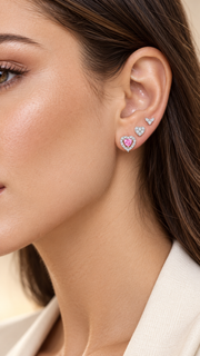 Pink Heart Halo, CZ Heart & Three Stone Stud Earrings Set - Aaryahi Silver jewellery product photo