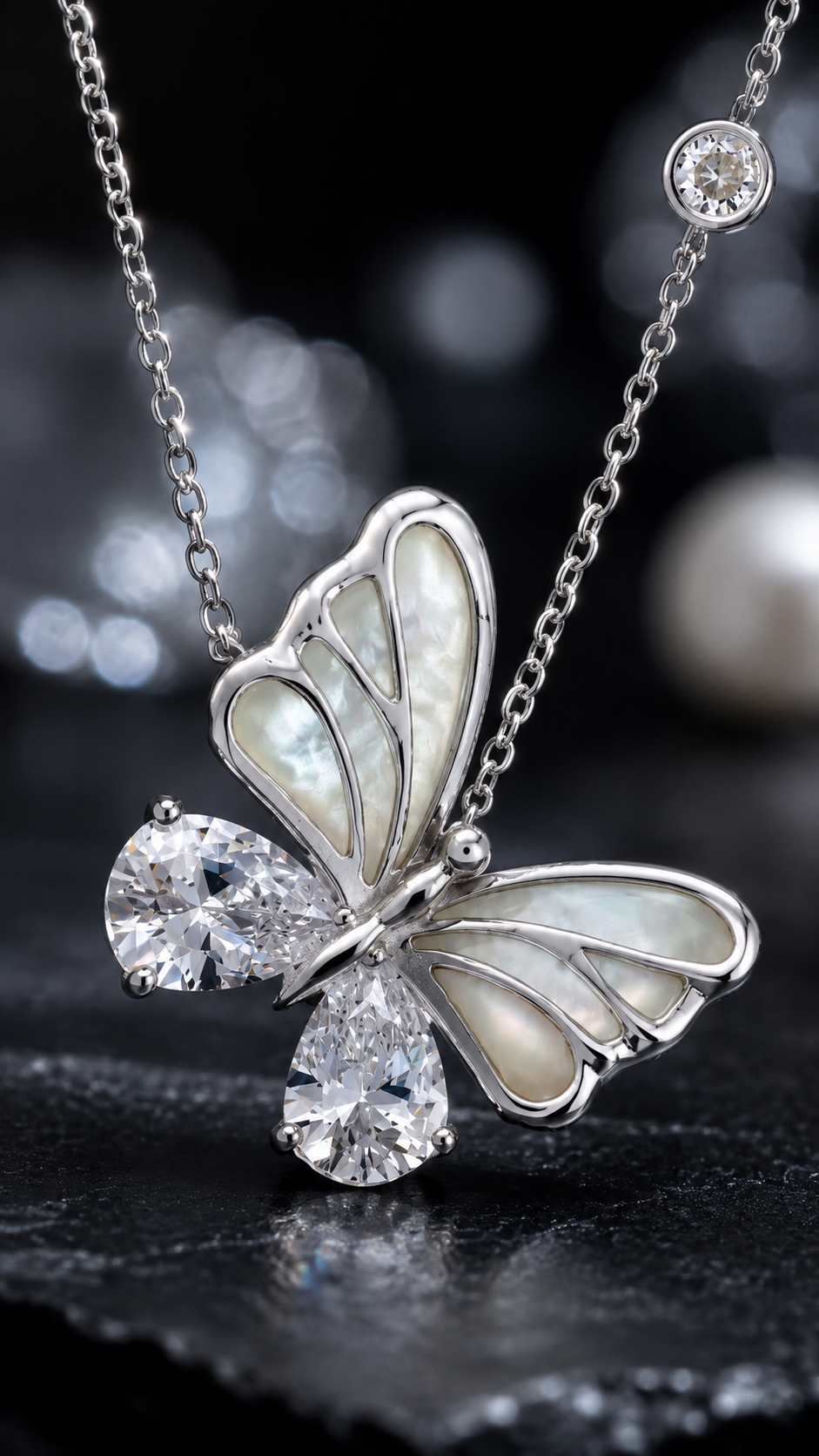 Elegant Silver Butterfly Pearl CZ Pendant Necklace