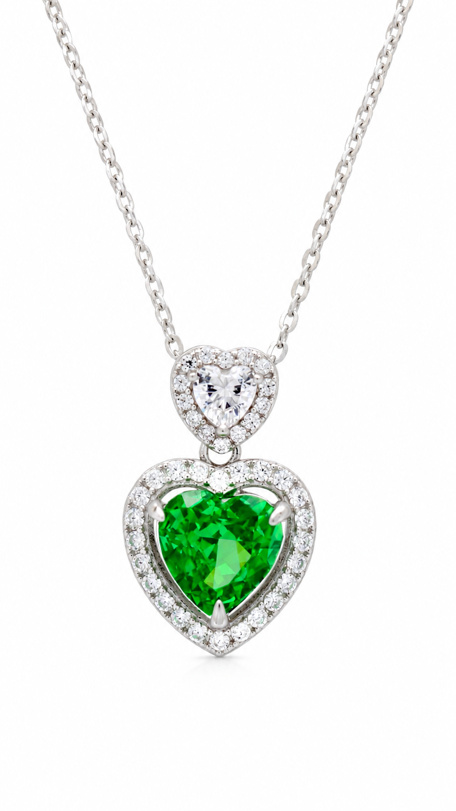 Elegant Silver Green Heart Halo Pendant Necklace