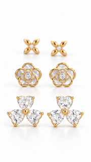 Clover,Flower & Four Petal Floral Earrings Set - Aaryahi Silver jewellery product photo