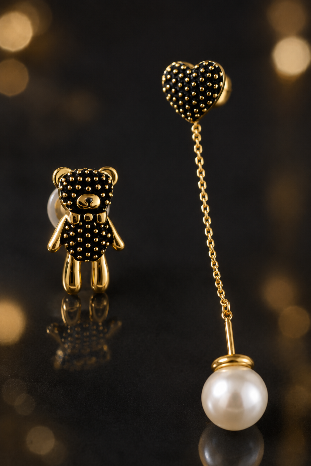 Teddy Bear & Heart Chain Earrings