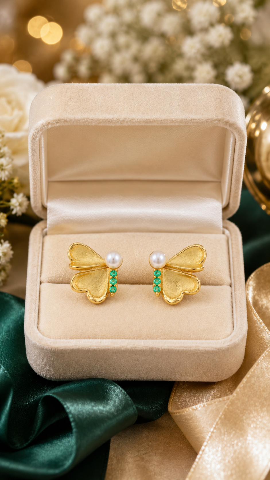 Elegant Gold Pearl & Green CZ Butterfly Stud Earrings