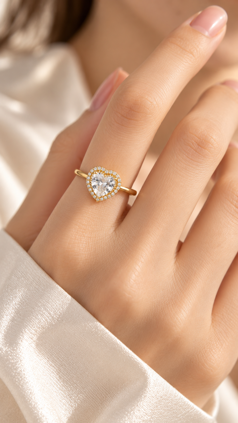 Gold CZ Heart Halo Adjustable Ring