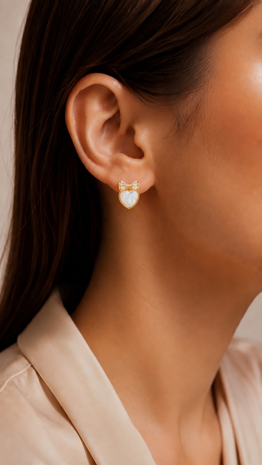 Pearl Heart Bow Earrings