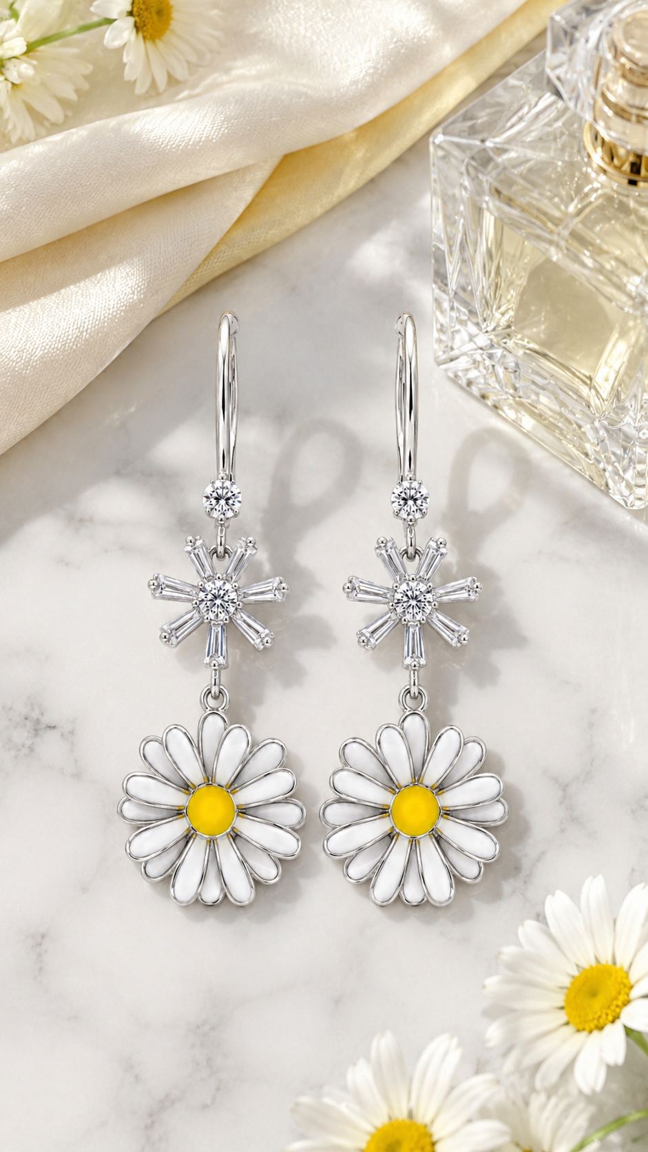 Elegant 925 Sterling Silver Daisy Flower CZ Drop Earrings with White Enamel Petals & Yellow Center for Women