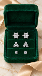 Floral Cluster, Three Stone Solitaire Stud Earrings Set - Aaryahi Silver jewellery product photo