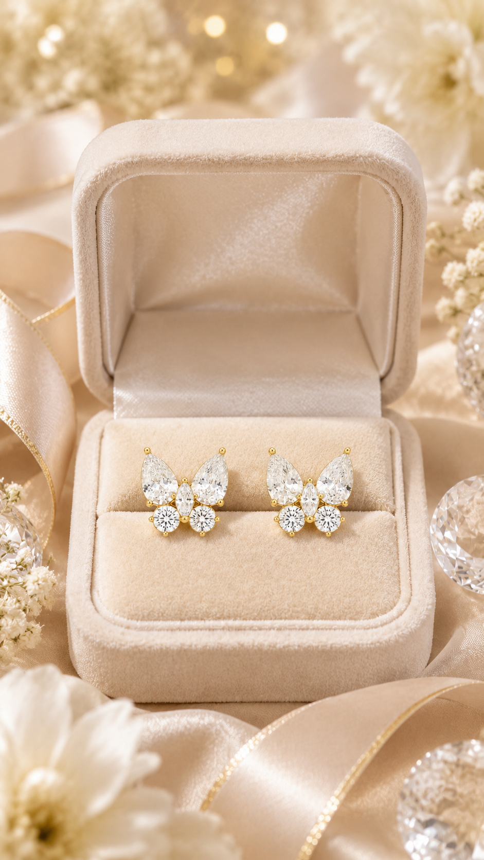 Gold Butterfly Marquise & Round CZ Stud Earrings for Women
