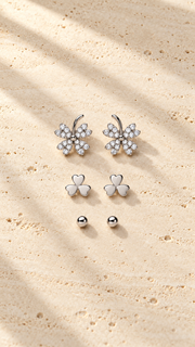 Heart Clover & Ball Stud Earrings Set - Aaryahi Silver jewellery product photo