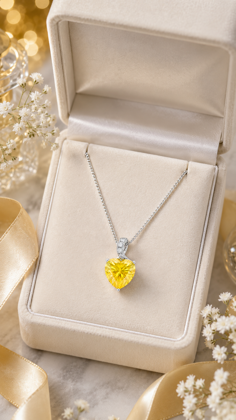 Elegant Silver Yellow Heart Crystal Pendant Necklace