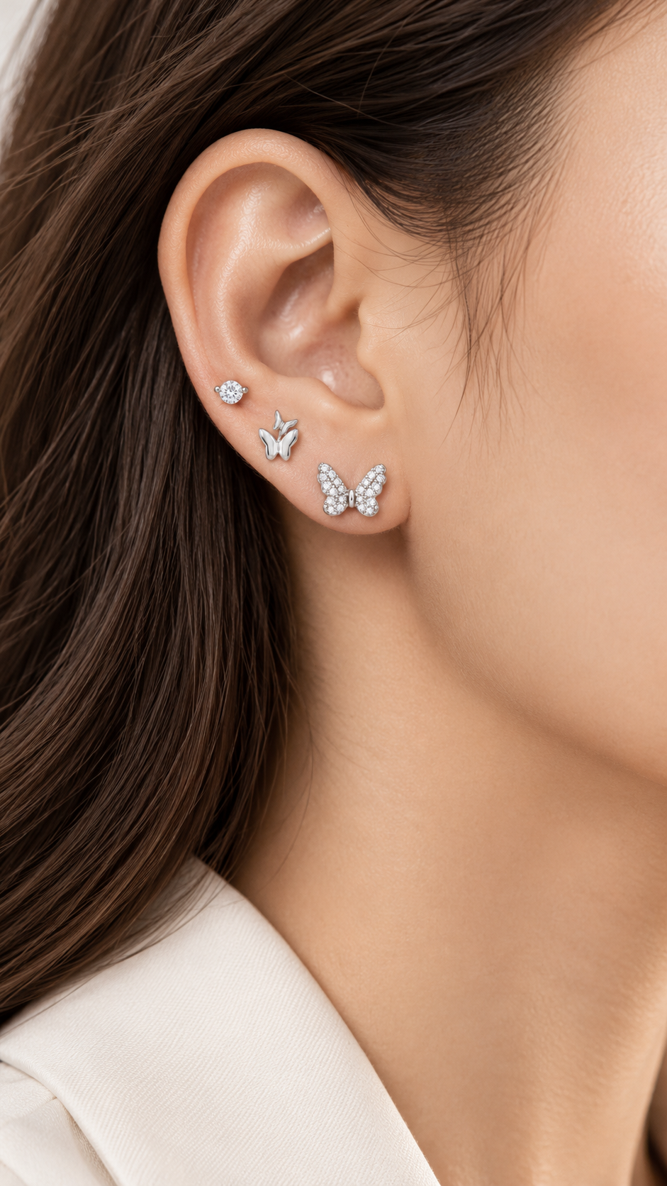 Butterfly, Double Butterfly Solitaire Earrings Set – 3 Pairs - Aaryahi Silver jewellery product photo