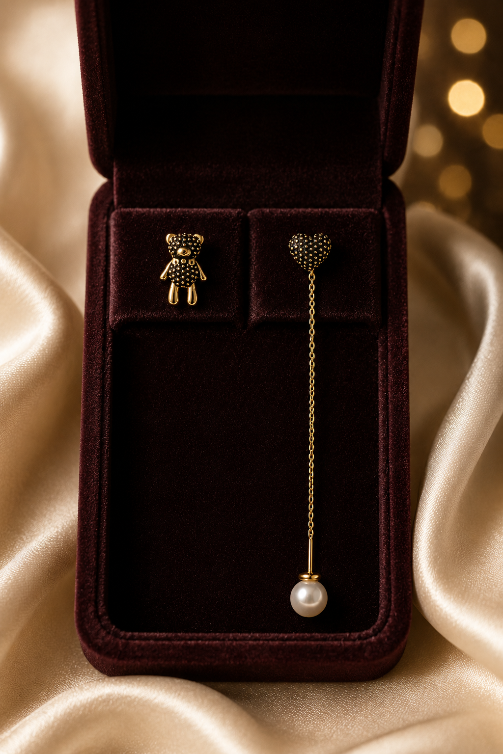 Teddy Bear & Heart Chain Earrings