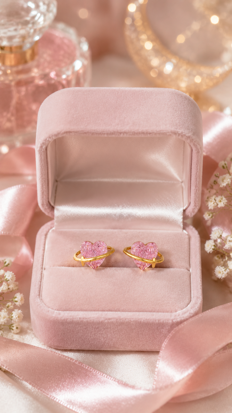 Elegant Gold-Plated Pink Heart Crystal Saturn Planet Stud Earrings for Women