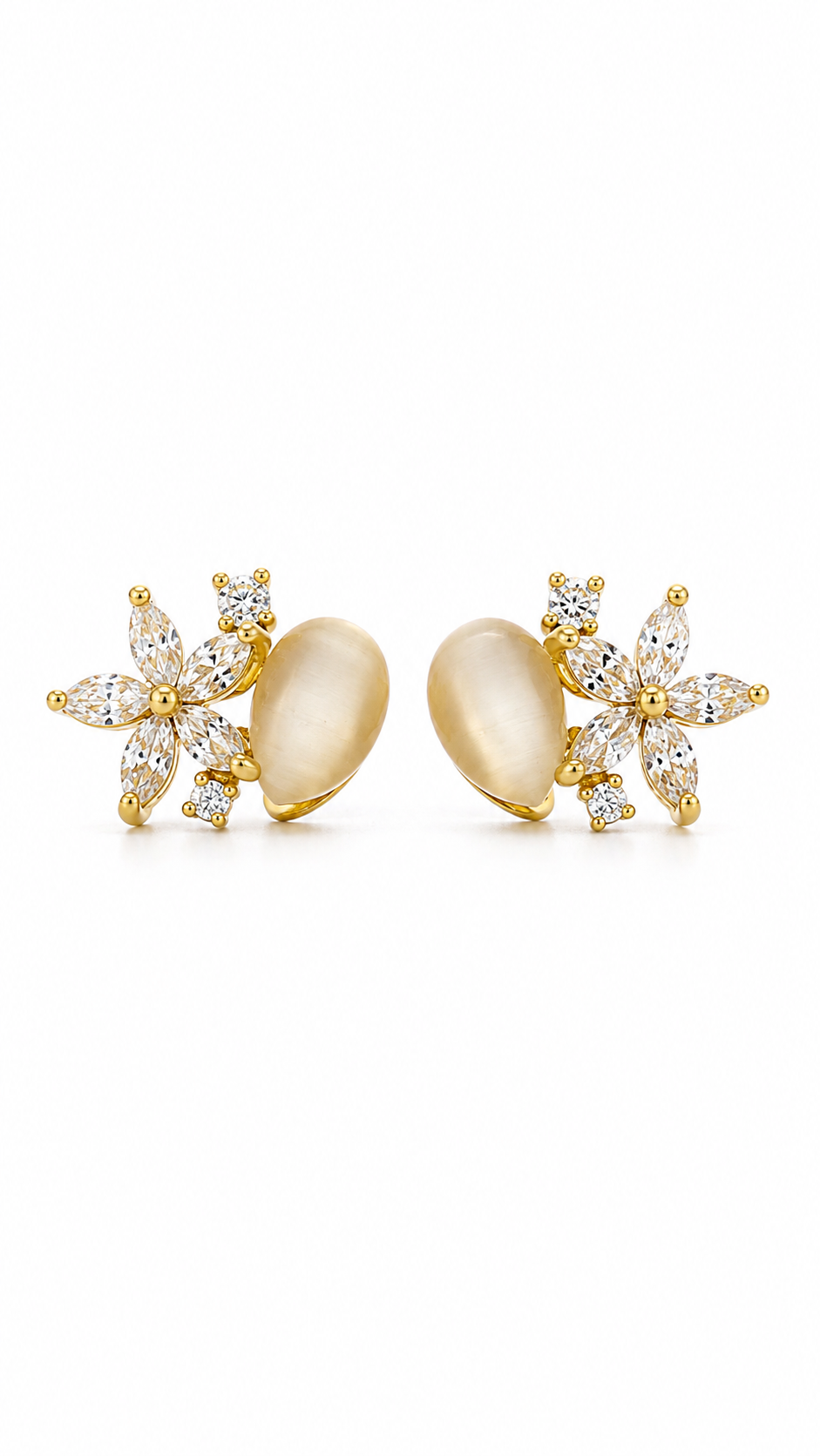 Gold Floral CZ & Champagne Cat’s Eye Stud Earrings for Women