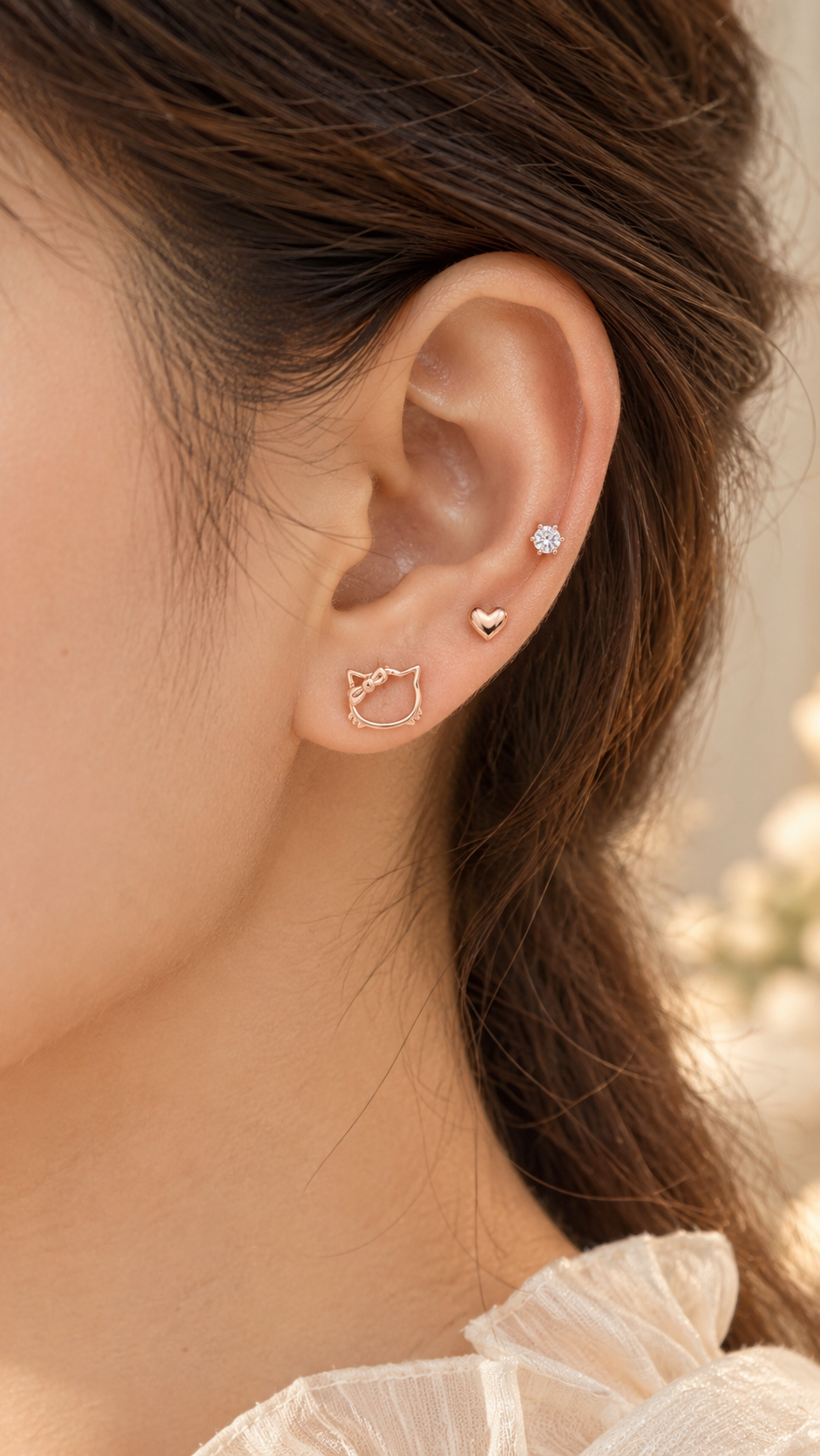 Kitty Bow, Heart Solitaire Stud Earrings Set - Aaryahi Silver jewellery product photo