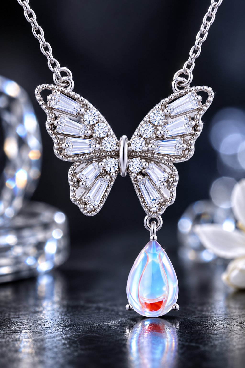 Elegant Silver Butterfly Opal Drop Pendant Necklace