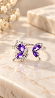 Silver Purple CZ Double Butterfly Adjustable Ring
