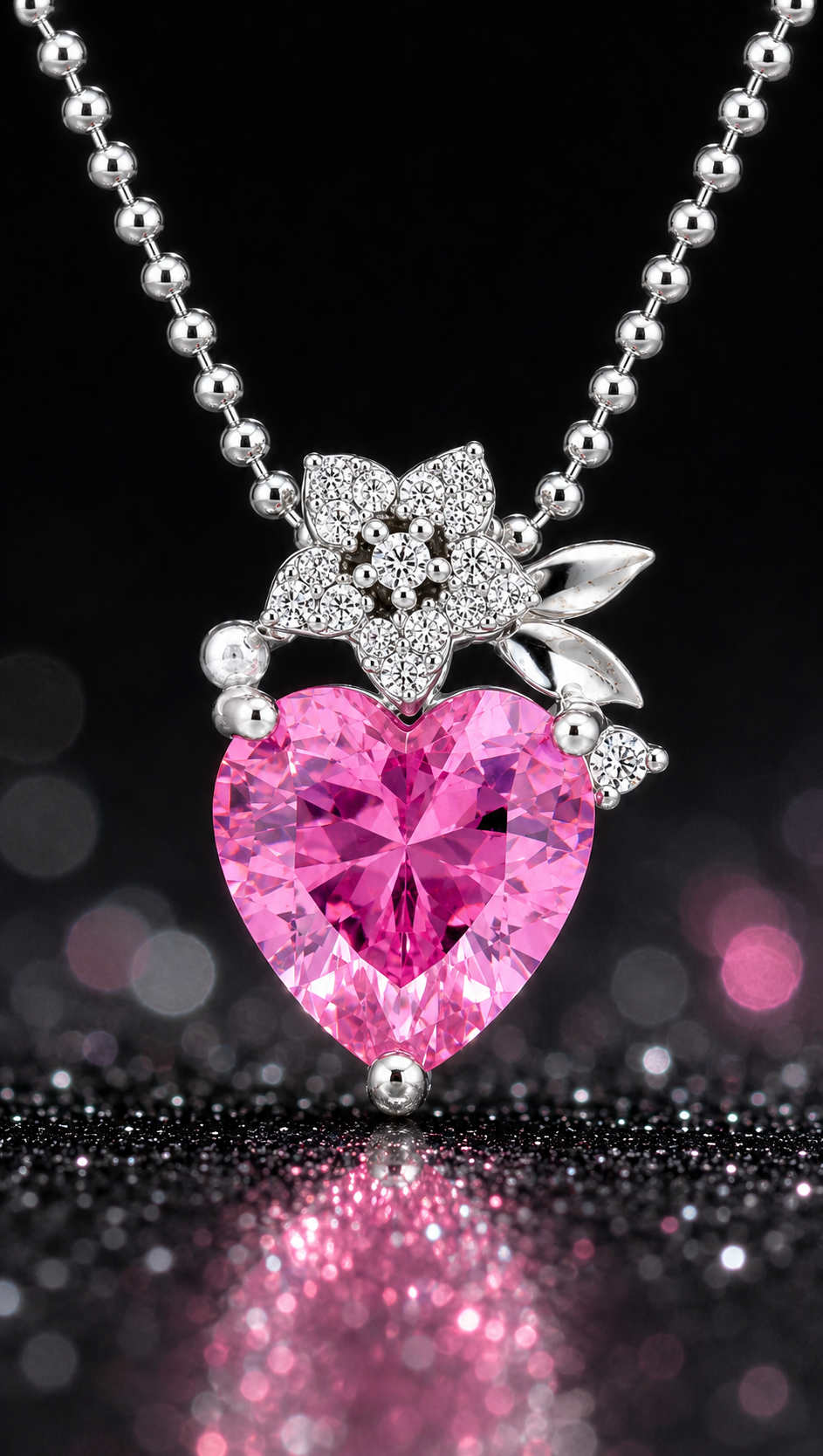 Elegant Silver Pink Heart Floral Pendant Necklace