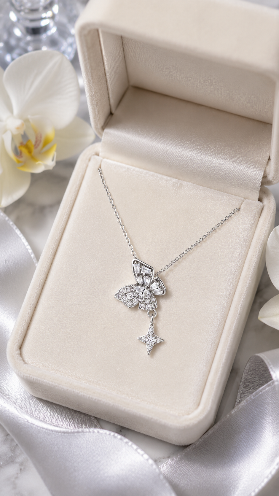 Silver Butterfly Drop Necklace