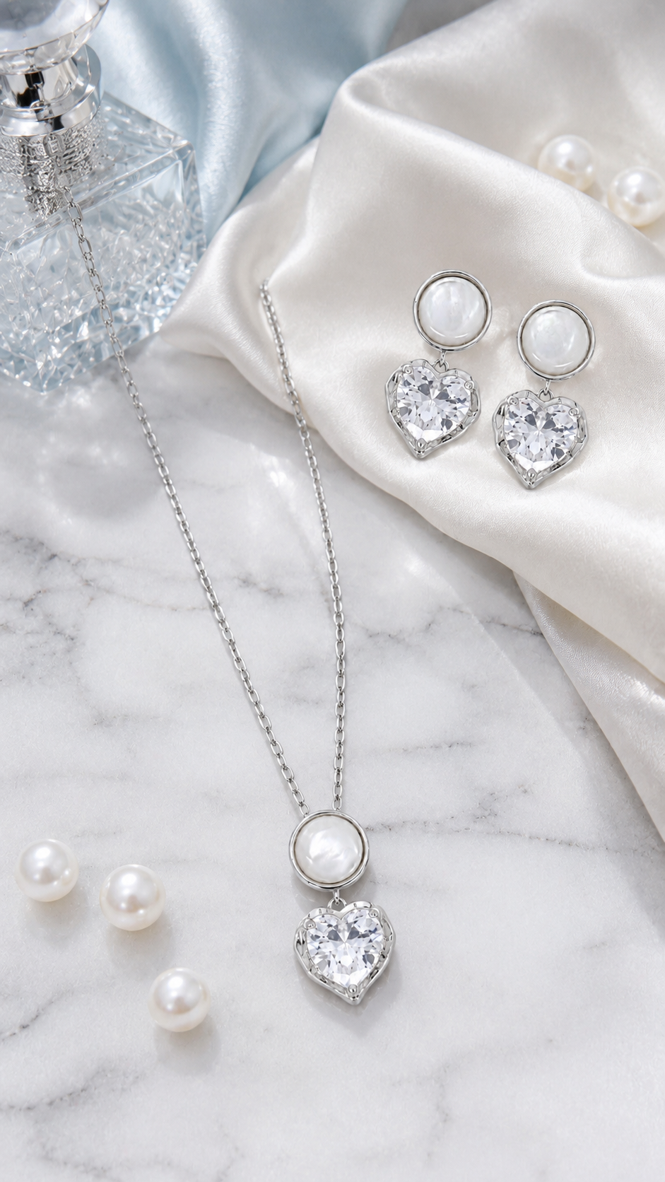 Elegant Silver Mother of Pearl Heart Crystal Pendant Necklace & Earrings Jewelry Set