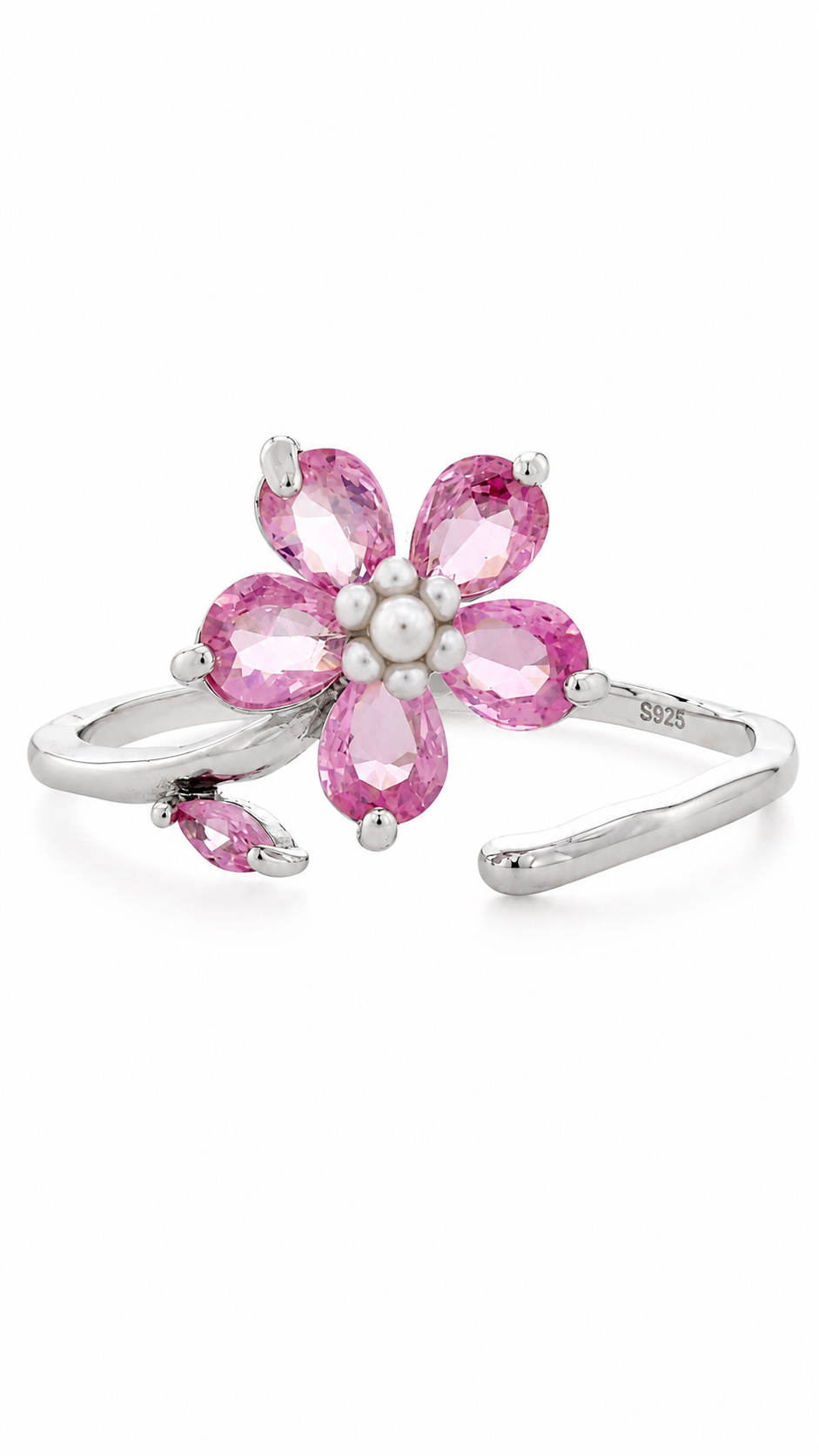Pink Floral Pear-Cut Adjustable Open Ring
