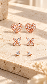Heart Floral Butterfly Solitaire Stud Earrings 3 Pairs - Aaryahi Silver jewellery product photo
