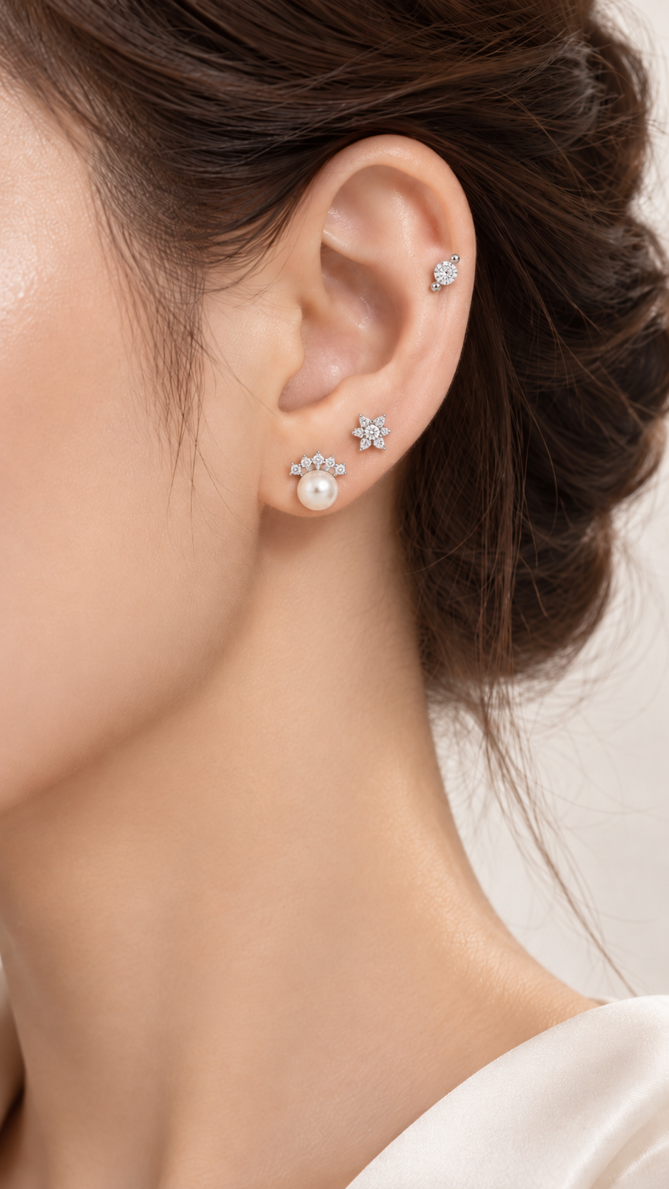 Pearl Crown, Floral Cluster Solitaire Stud Earrings Set – 3 Pairs - Aaryahi Silver jewellery product photo