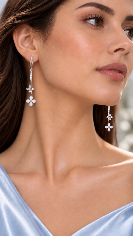 Silver Flower Long Drop Earrings