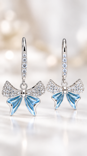 Blue Enamel CZ Bow Drop Earrings - Aaryahi Silver jewellery product photo
